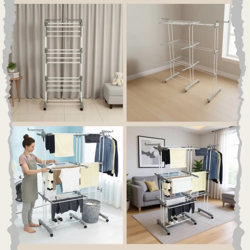 Uscător de rufe Kinghoff KH 2044, 30 m, până la 30 kg, 3 niveluri, roți, oțel, alb/gri