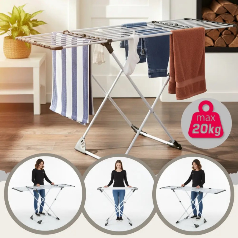 Uscător de rufe pliabil Kinghoff KH 2042, 20 m, până la 20 kg, lungime reglabilă, capete antiderapante, alb/negru