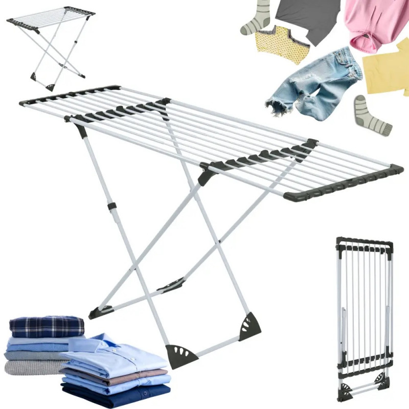 Uscător de rufe pliabil Kinghoff KH 2042, 20 m, până la 20 kg, lungime reglabilă, capete antiderapante, alb/negru