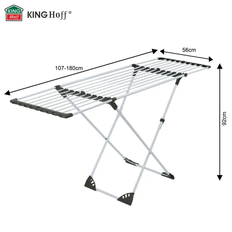 Uscător de rufe pliabil Kinghoff KH 2042, 20 m, până la 20 kg, lungime reglabilă, capete antiderapante, alb/negru
