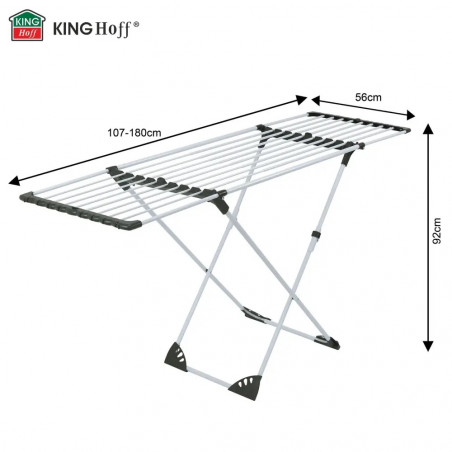 Uscător de rufe pliabil Kinghoff KH 2042, 20 m, până la 20 kg, lungime reglabilă, capete antiderapante, alb/negru