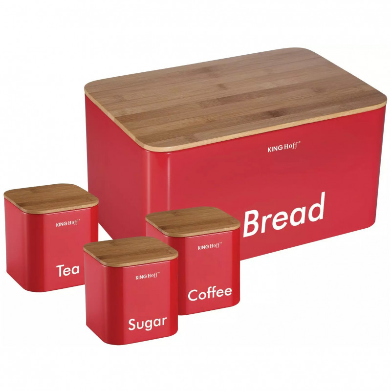 Set de cutii pentru pâine cu recipiente Kinghoff KH 1085, 4 buc., email, bambus/oțel, roșu