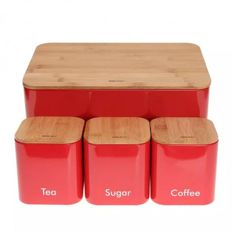Set de cutii pentru pâine cu recipiente Kinghoff KH 1085, 4 buc., email, bambus/oțel, roșu