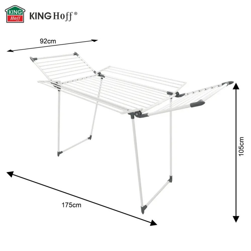 Uscător de rufe pliabil Kinghoff KH 2041, 25 m, până la 20 kg, capete antiderapante, oțel, alb/gri