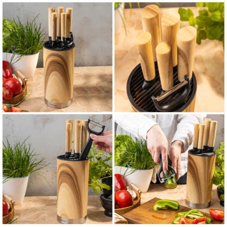 Set de cuțite de bucătărie Klausberg KB 9036, 7 piese, oțel inoxidabil, aspect de lemn, suport, maro