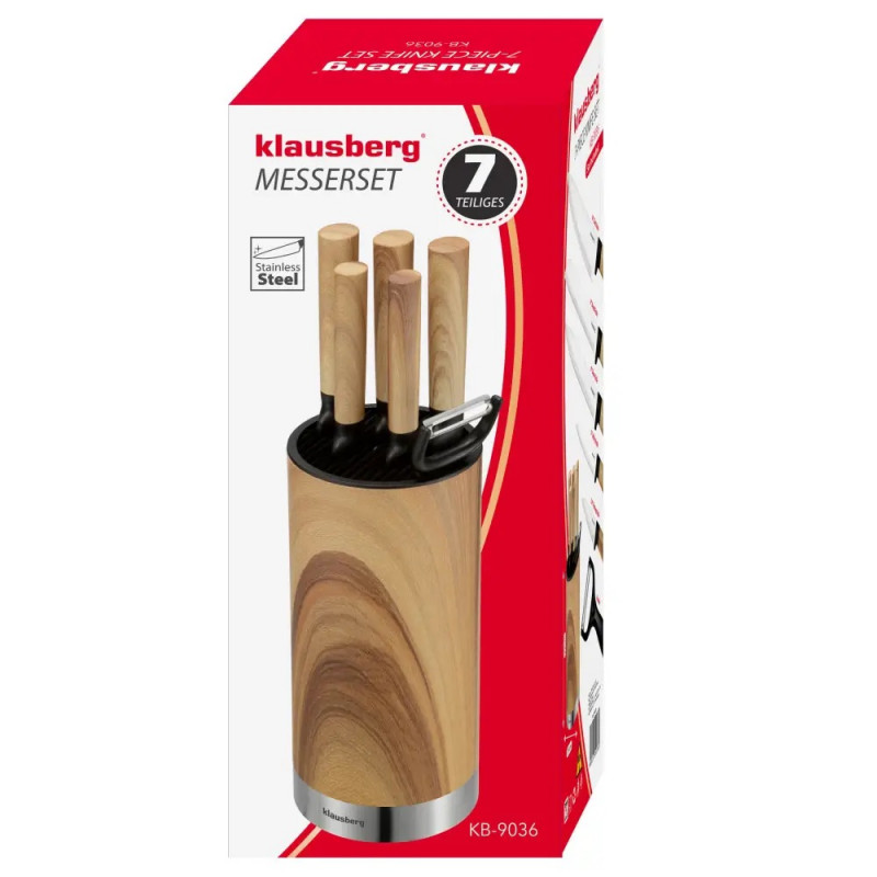 Set de cuțite de bucătărie Klausberg KB 9036, 7 piese, oțel inoxidabil, aspect de lemn, suport, maro