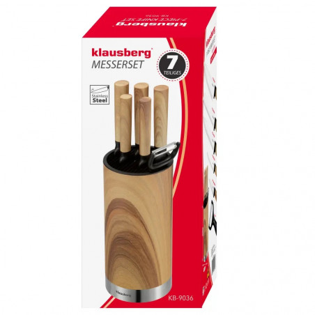 Set de cuțite de bucătărie Klausberg KB 9036, 7 piese, oțel inoxidabil, aspect de lemn, suport, maro
