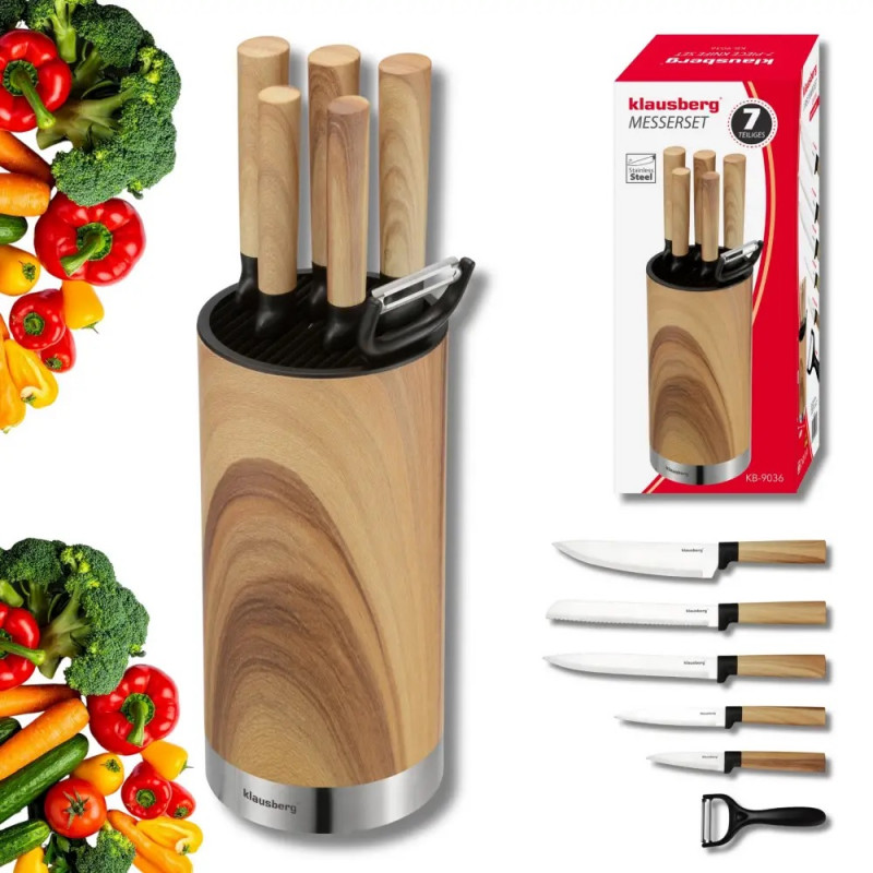 Set de cuțite de bucătărie Klausberg KB 9036, 7 piese, oțel inoxidabil, aspect de lemn, suport, maro