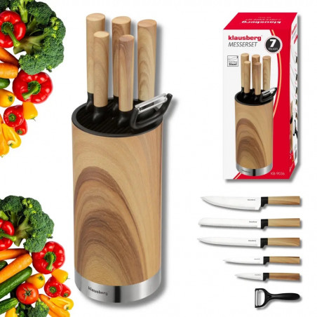 Set de cuțite de bucătărie Klausberg KB 9036, 7 piese, oțel inoxidabil, aspect de lemn, suport, maro