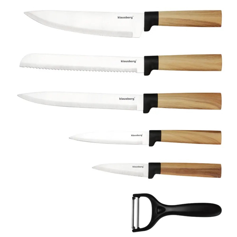 Set de cuțite de bucătărie Klausberg KB 9036, 7 piese, oțel inoxidabil, aspect de lemn, suport, maro