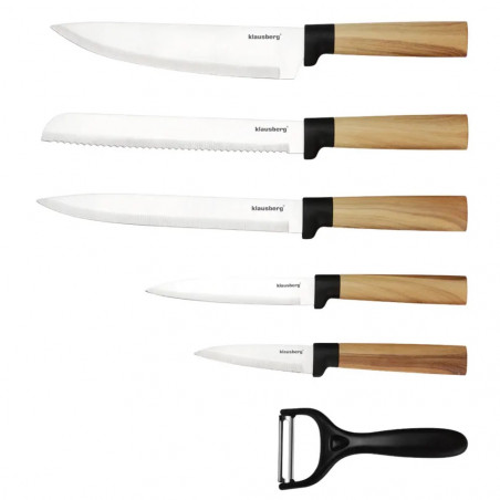 Set de cuțite de bucătărie Klausberg KB 9036, 7 piese, oțel inoxidabil, aspect de lemn, suport, maro