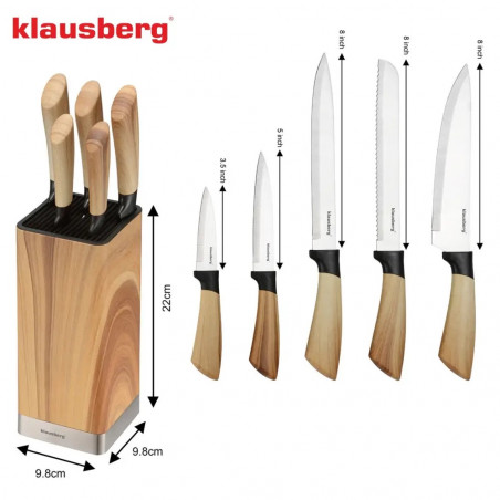 Set de cuțite de bucătărie Klausberg KB 9035, 6 piese, oțel inoxidabil, suport, maro