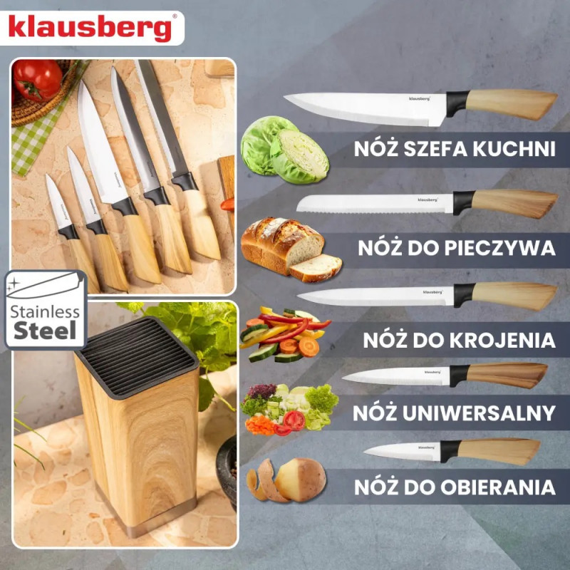 Set de cuțite de bucătărie Klausberg KB 9035, 6 piese, oțel inoxidabil, suport, maro