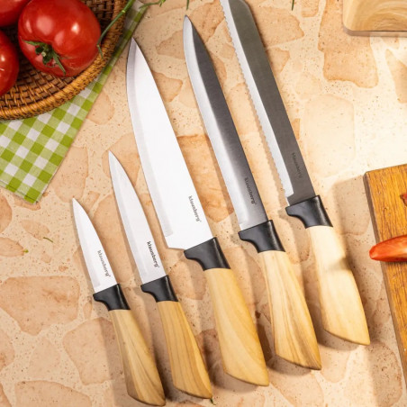 Set de cuțite de bucătărie Klausberg KB 9035, 6 piese, oțel inoxidabil, suport, maro