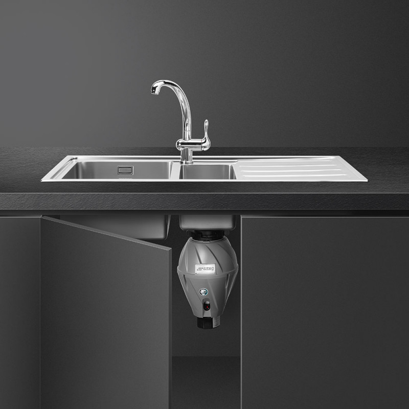 Tocător de deșeuri alimentare/Porc Smeg KITFD100, 375 W, 1 HP, Pentru chiuvete cu sifon de 9 cm, Protecție anticorozivă, Negru/Inox