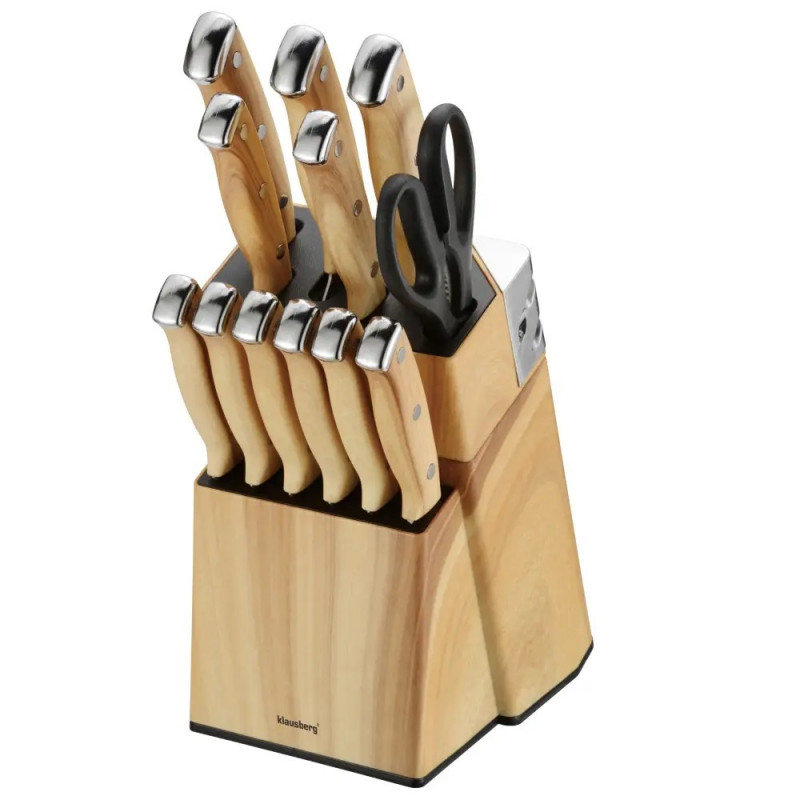 Set de cuțite de bucătărie Klausberg KB 9038, 13 piese, ascuțitor încorporat, oțel inoxidabil, suport, maro