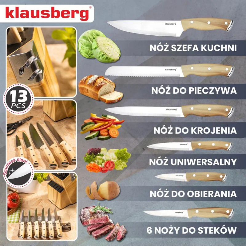 Set de cuțite de bucătărie Klausberg KB 9038, 13 piese, ascuțitor încorporat, oțel inoxidabil, suport, maro