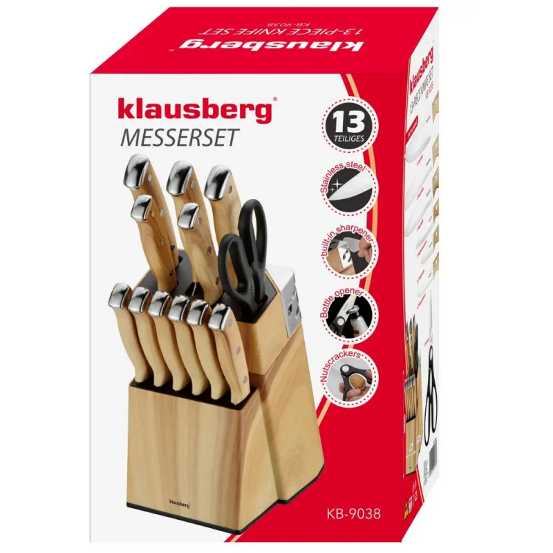 Set de cuțite de bucătărie Klausberg KB 9038, 13 piese, ascuțitor încorporat, oțel inoxidabil, suport, maro