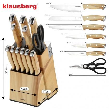 Set de cuțite de bucătărie Klausberg KB 9038, 13 piese, ascuțitor încorporat, oțel inoxidabil, suport, maro