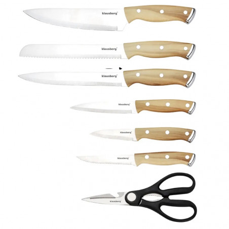 Set de cuțite de bucătărie Klausberg KB 9038, 13 piese, ascuțitor încorporat, oțel inoxidabil, suport, maro