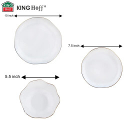 Set de masă Kinghoff KH 2037, 18 piese, pentru 6 persoane, sticlă opală, margine aurie, alb