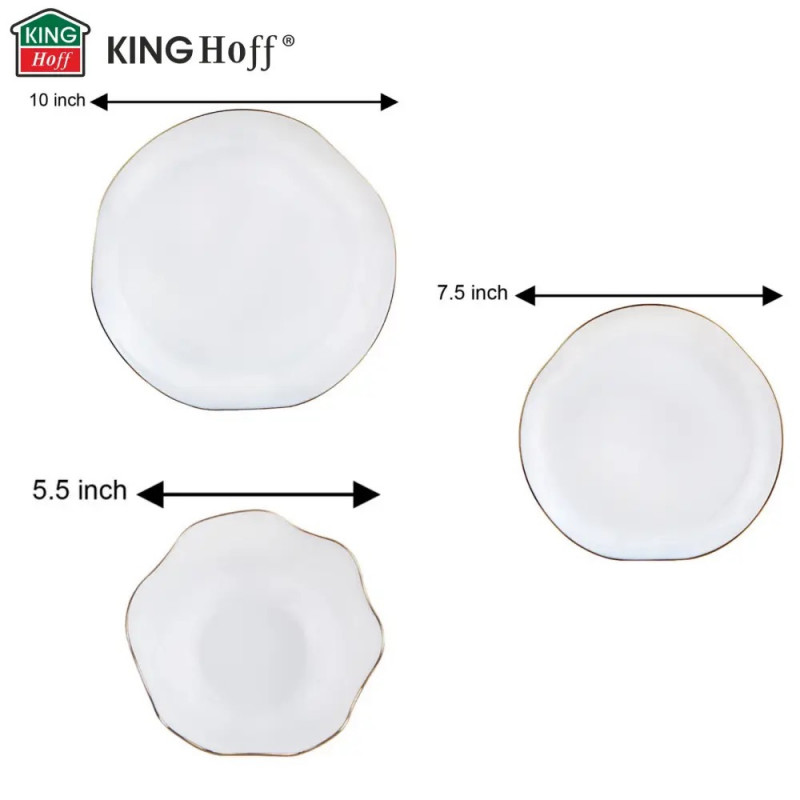 Set de masă Kinghoff KH 2037, 18 piese, pentru 6 persoane, sticlă opală, margine aurie, alb