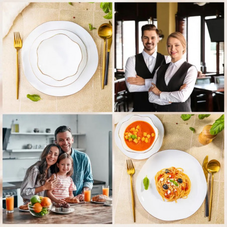 Set de masă Kinghoff KH 2037, 18 piese, pentru 6 persoane, sticlă opală, margine aurie, alb