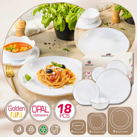 Set de masă Kinghoff KH 2037, 18 piese, pentru 6 persoane, sticlă opală, margine aurie, alb