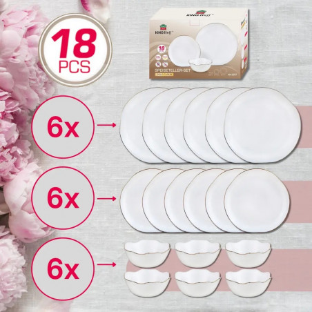 Set de masă Kinghoff KH 2037, 18 piese, pentru 6 persoane, sticlă opală, margine aurie, alb