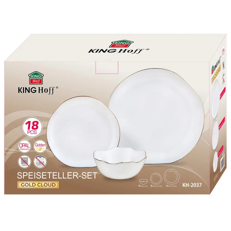 Set de masă Kinghoff KH 2037, 18 piese, pentru 6 persoane, sticlă opală, margine aurie, alb