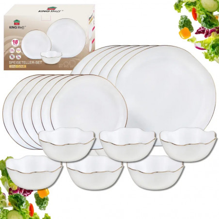 Set de masă Kinghoff KH 2037, 18 piese, pentru 6 persoane, sticlă opală, margine aurie, alb