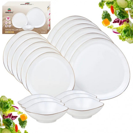 Set de masă Kinghoff KH 2036, 18 piese, pentru 6 persoane, sticlă opală, margine aurie, alb