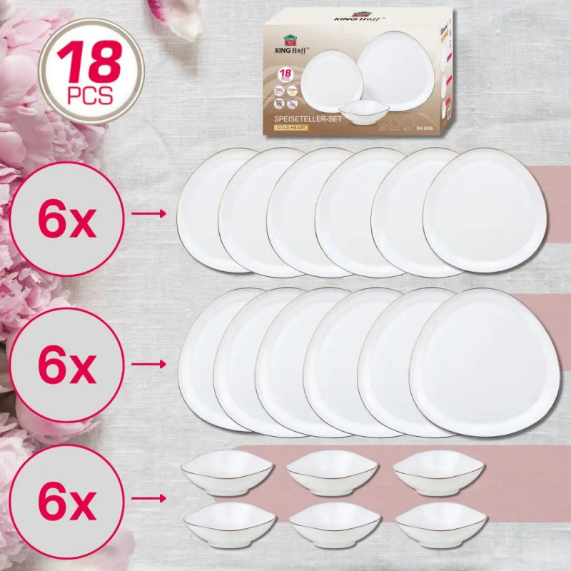 Set de masă Kinghoff KH 2036, 18 piese, pentru 6 persoane, sticlă opală, margine aurie, alb