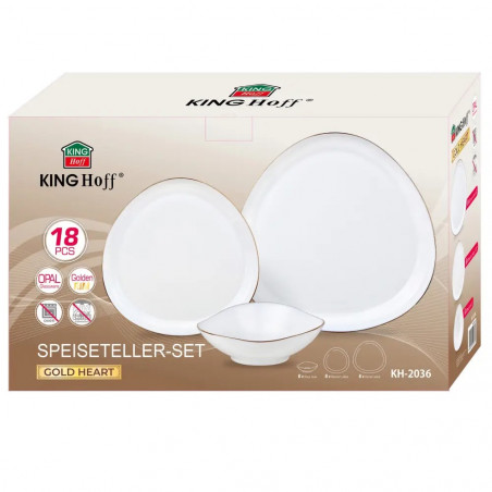 Set de masă Kinghoff KH 2036, 18 piese, pentru 6 persoane, sticlă opală, margine aurie, alb