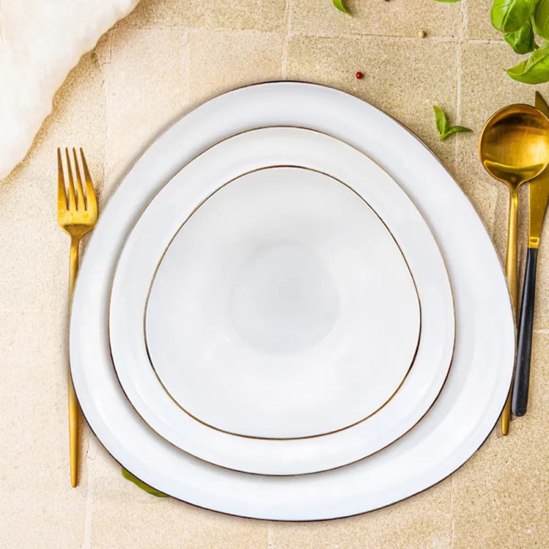 Set de masă Kinghoff KH 2036, 18 piese, pentru 6 persoane, sticlă opală, margine aurie, alb