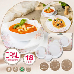 Set de masă Kinghoff KH 2035, 18 piese, pentru 6 persoane, sticlă opală, motiv floral, alb