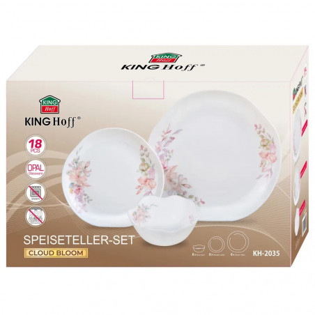 Set de masă Kinghoff KH 2035, 18 piese, pentru 6 persoane, sticlă opală, motiv floral, alb