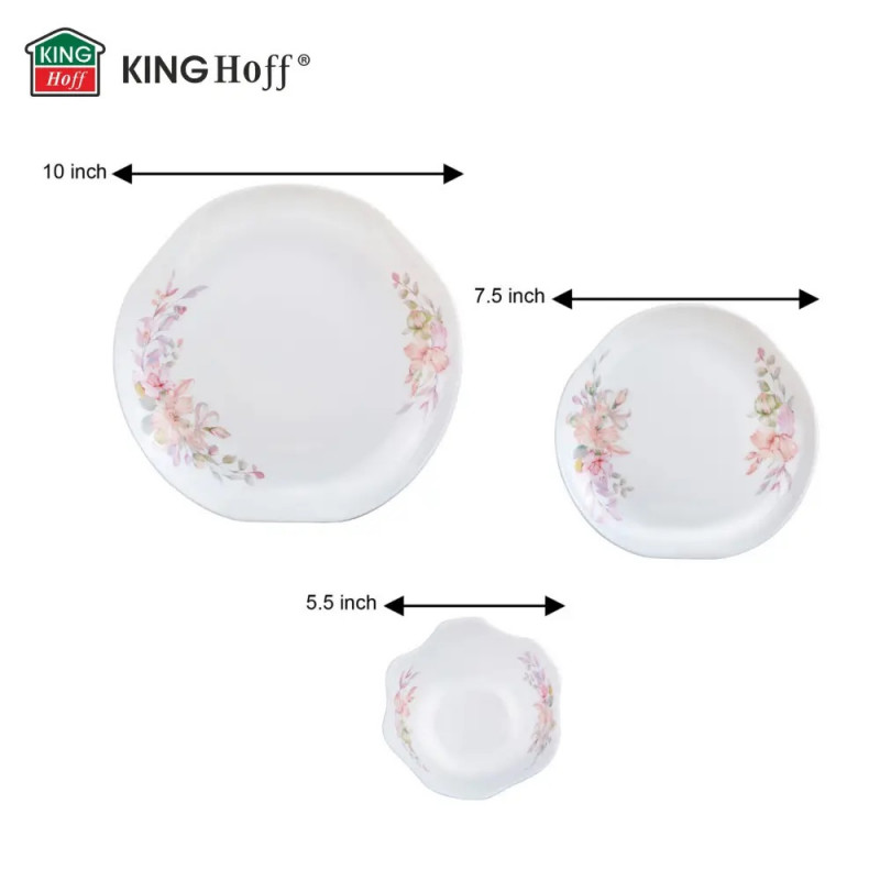 Set de masă Kinghoff KH 2035, 18 piese, pentru 6 persoane, sticlă opală, motiv floral, alb