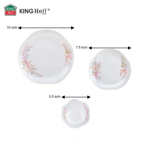 Set de masă Kinghoff KH 2035, 18 piese, pentru 6 persoane, sticlă opală, motiv floral, alb