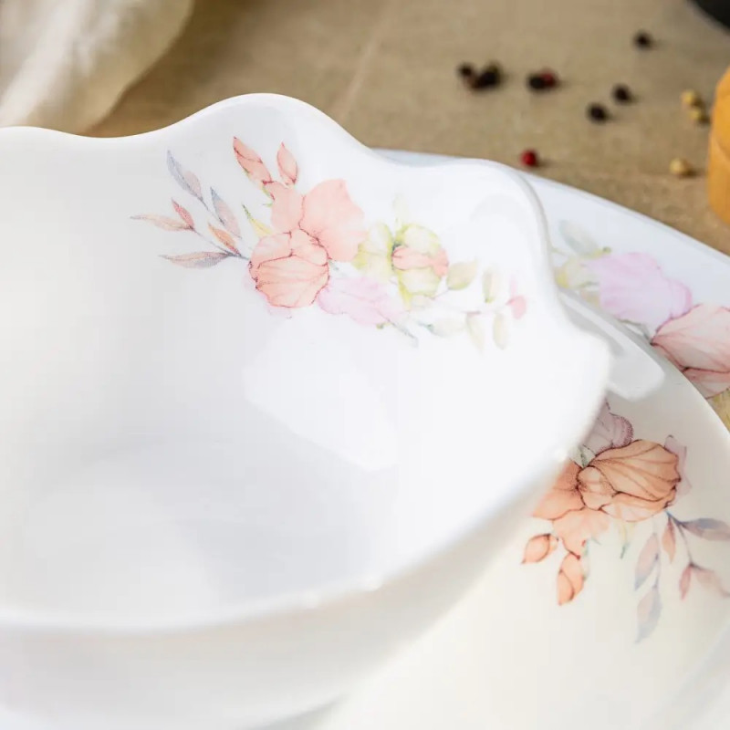 Set de masă Kinghoff KH 2035, 18 piese, pentru 6 persoane, sticlă opală, motiv floral, alb