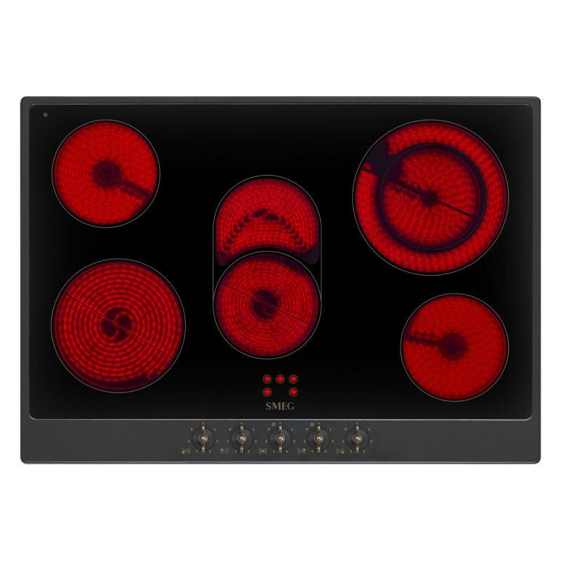 Plită vitroceramică de încastrare Smeg P875AO, 8600 W, 6 trepte, 5 zone, Oprire automată în caz de supraîncălzire, Indicator de căldură reziduală, Antracit