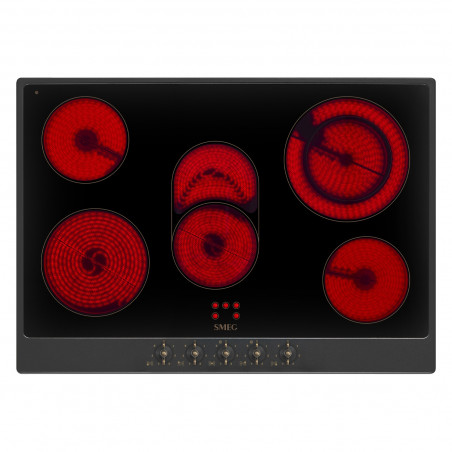 Plită vitroceramică de încastrare Smeg P875AO, 8600 W, 6 trepte, 5 zone, Oprire automată în caz de supraîncălzire, Indicator de căldură reziduală, Antracit