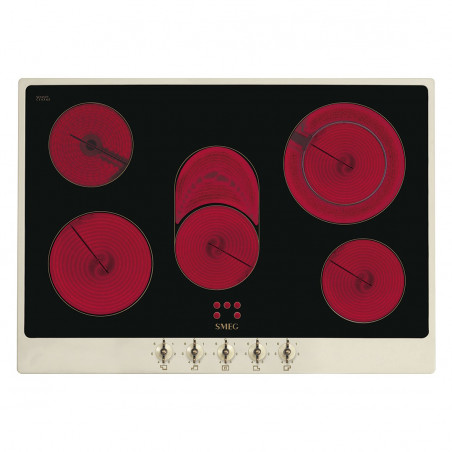 Plită vitroceramică de încastrare Smeg P875PO, 8600 W, 6 trepte, 5 zone, Oprire automată în caz de supraîncălzire, Indicator de căldură reziduală, Culoare crem