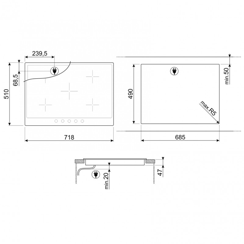 Plită vitroceramică de încastrare Smeg P875PO, 8600 W, 6 trepte, 5 zone, Oprire automată în caz de supraîncălzire, Indicator de căldură reziduală, Culoare crem