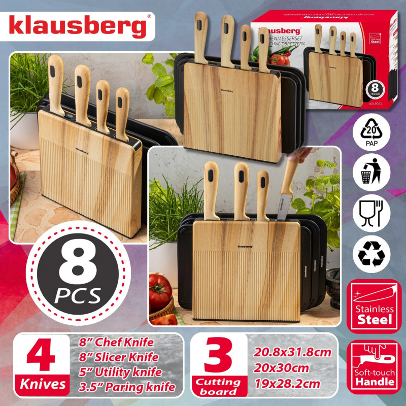 Set de cuțite și tăvi de tăiat Klausberg KB 9037, 8 piese, oțel inoxidabil, suport, maro/negru