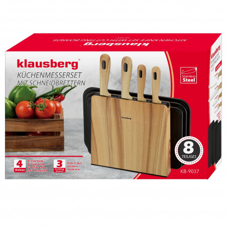 Set de cuțite și tăvi de tăiat Klausberg KB 9037, 8 piese, oțel inoxidabil, suport, maro/negru