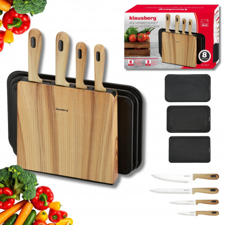 Set de cuțite și tăvi de tăiat Klausberg KB 9037, 8 piese, oțel inoxidabil, suport, maro/negru