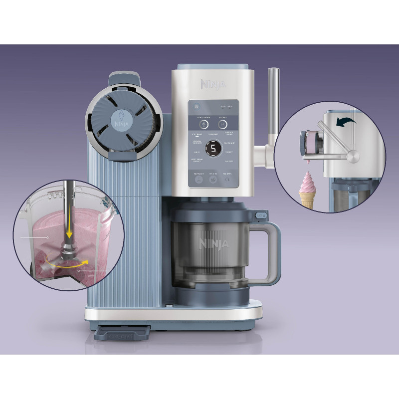 Mașină de înghețată 13-în-1 Ninja CREAMi Scoop & Swirl™ NC702EU, 800 W, 13 programe, manetă cu 3 poziții pentru cornetele de înghețată, CreamiFit, Creamify, 2 cupe de 473 ml, Personalizare, Albastru/Gri