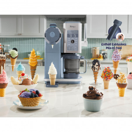 Mașină de înghețată 13-în-1 Ninja CREAMi Scoop & Swirl™ NC702EU, 800 W, 13 programe, manetă cu 3 poziții pentru cornetele de înghețată, CreamiFit, Creamify, 2 cupe de 473 ml, Personalizare, Albastru/Gri