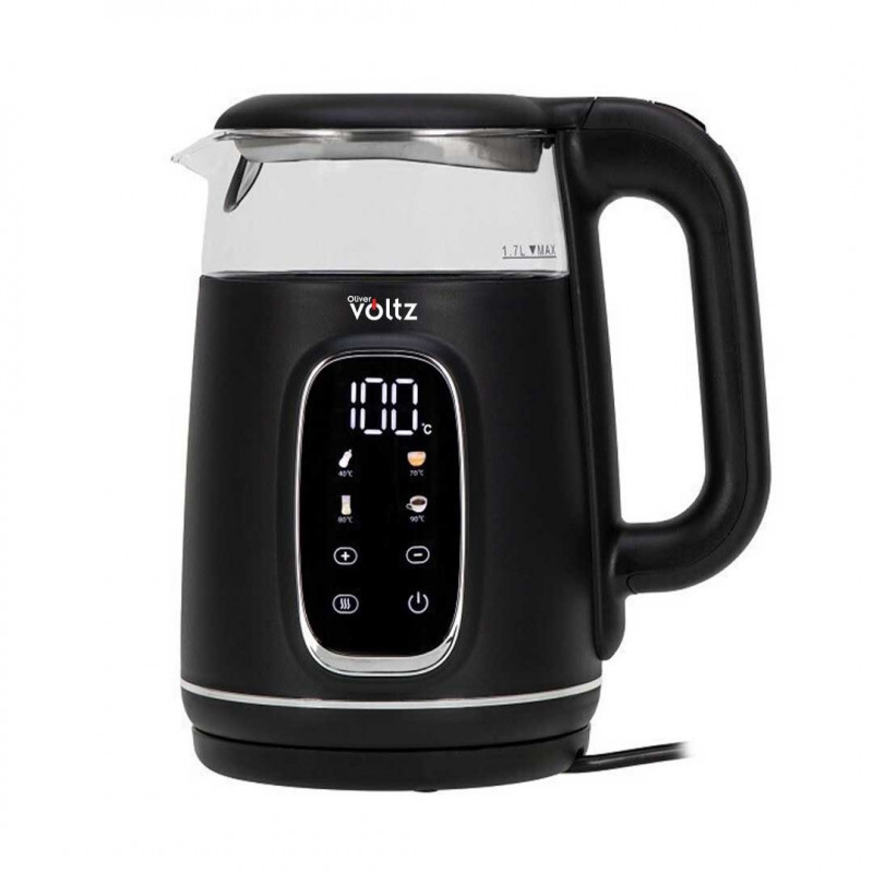 Fierbător electric Oliver Voltz OV51230AF, 2200 W, 1,7 l, 4 moduri, 13 setări de temperatură, afișaj LCD, comandă tactilă, negru/argintiu